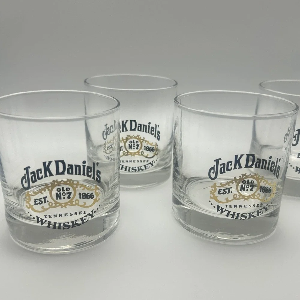 Jack Daniel's Old No. 7 Whiskey Rocks Glass Set of 4 Logo Clear Black Gold 3.5in